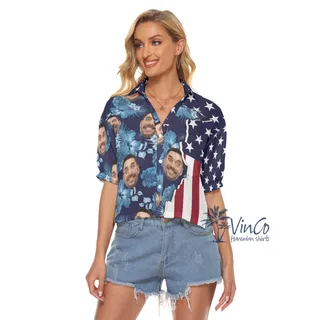 Custom Face American Flag Women's Hawaiian Crop Top