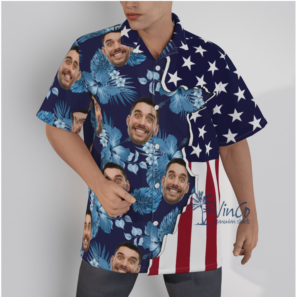 Custom Face American Flag Floral Hawaiian Shirt - variant image 1