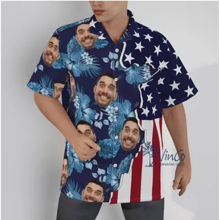 Custom Face American Flag Floral Hawaiian Shirt