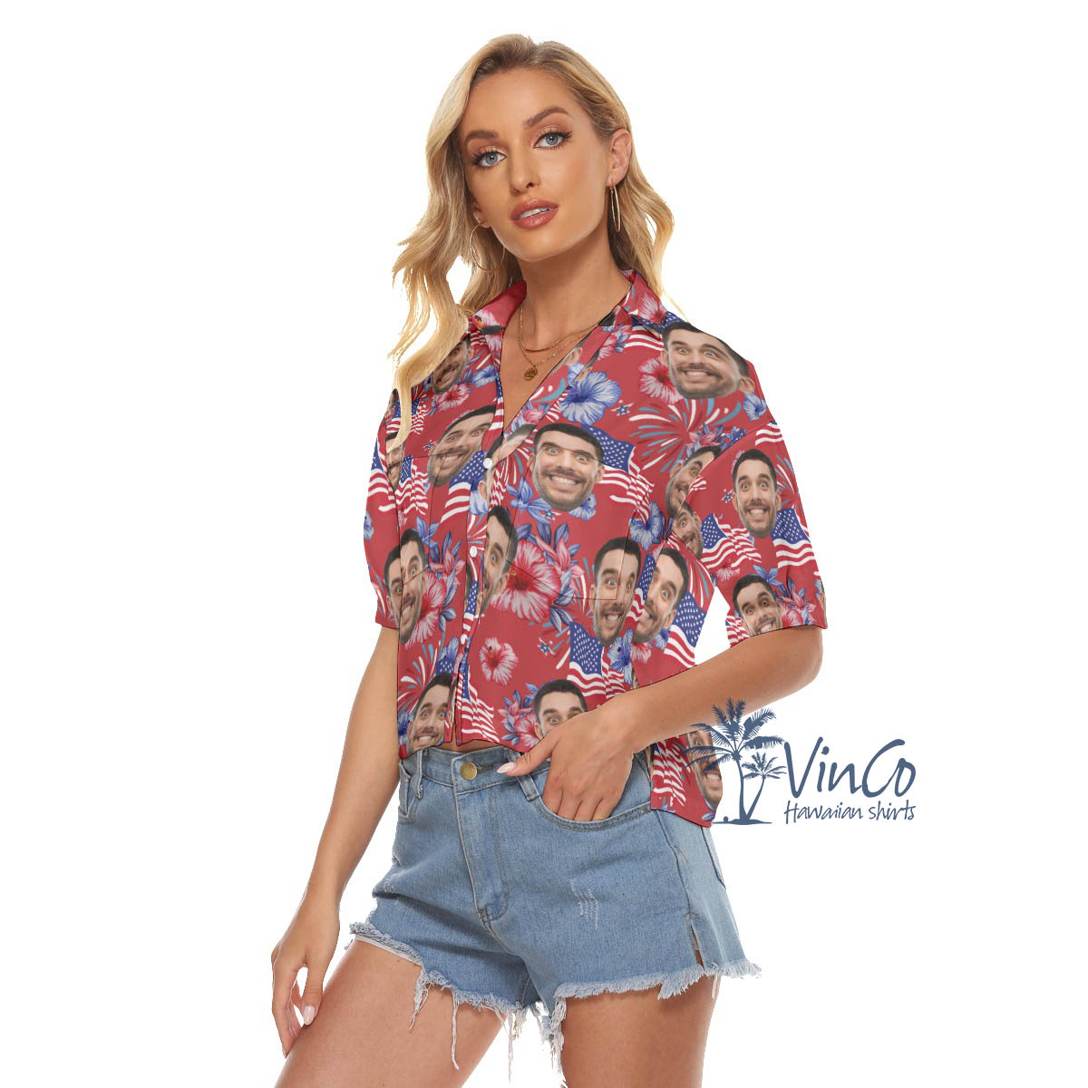 American Flag Firework Custom Face Aloha Crop Top Shirt For Women