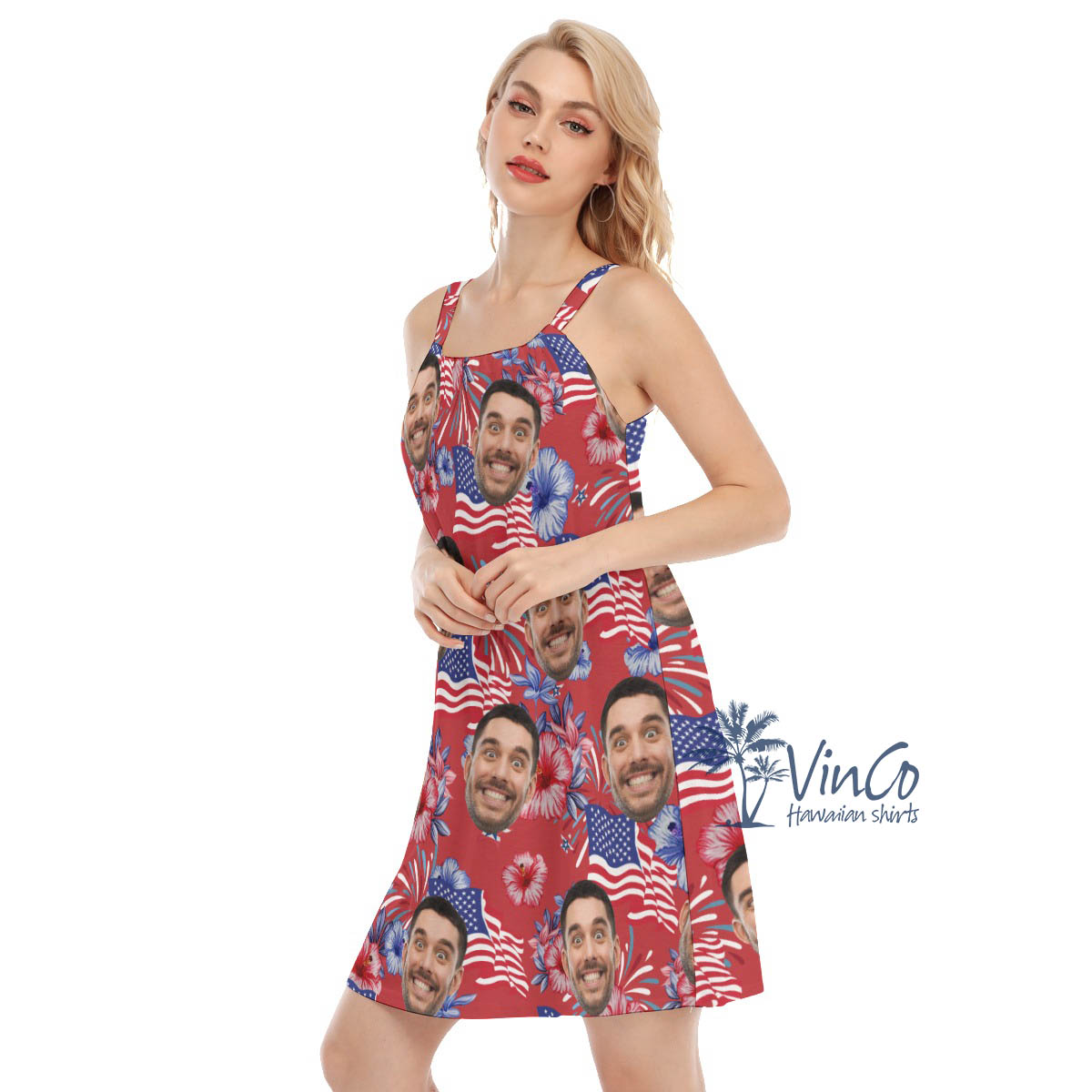 American Flag Floral Hawaiian Dress With Custom Face