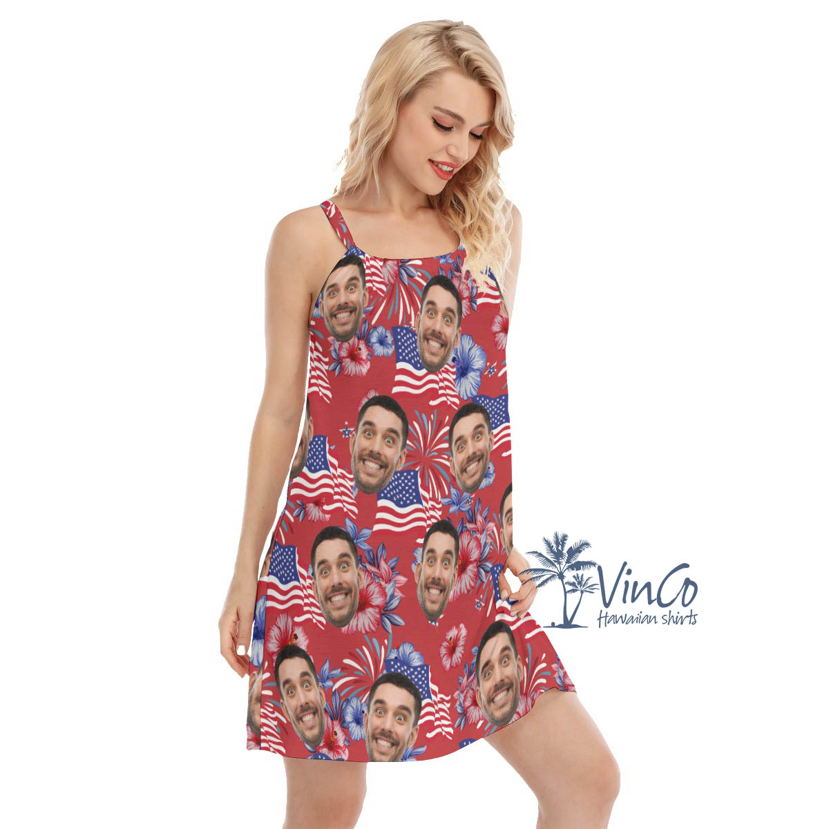 American Flag Floral Hawaiian Dress With Custom Face