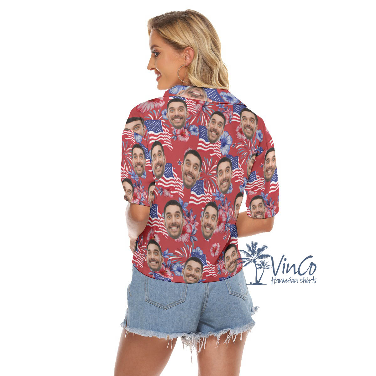 American Flag Firework Custom Face Aloha Crop Top Shirt For Women