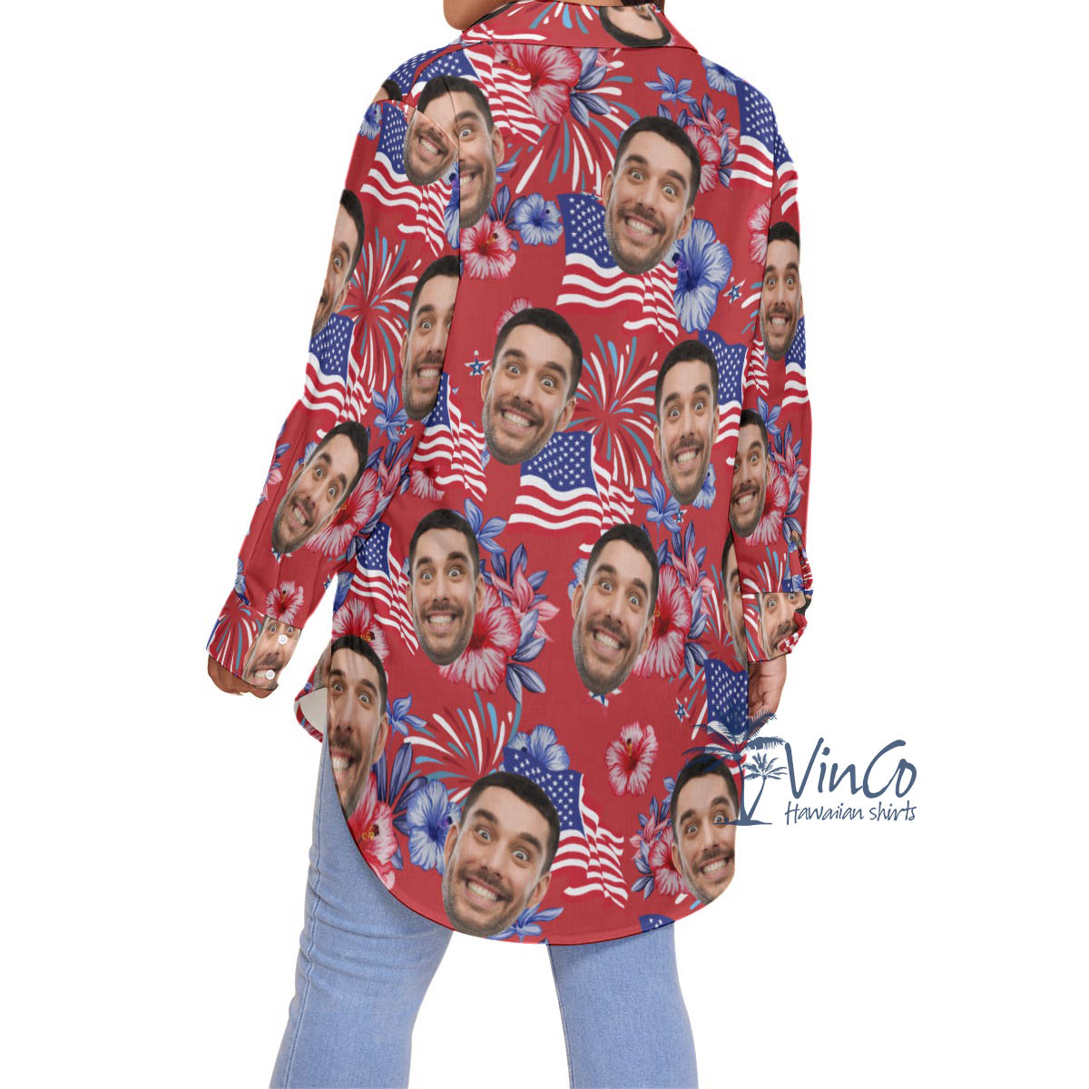 Funny Custom Face Patriotic American Flag Plus Size Hawaiian Shirt For Women