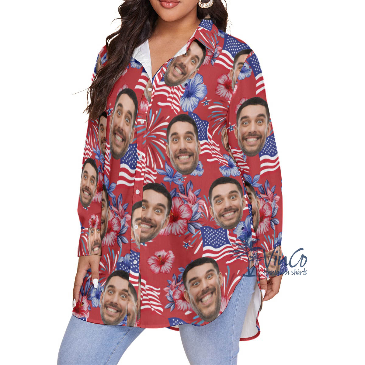 Funny Custom Face Patriotic American Flag Plus Size Hawaiian Shirt For Women
