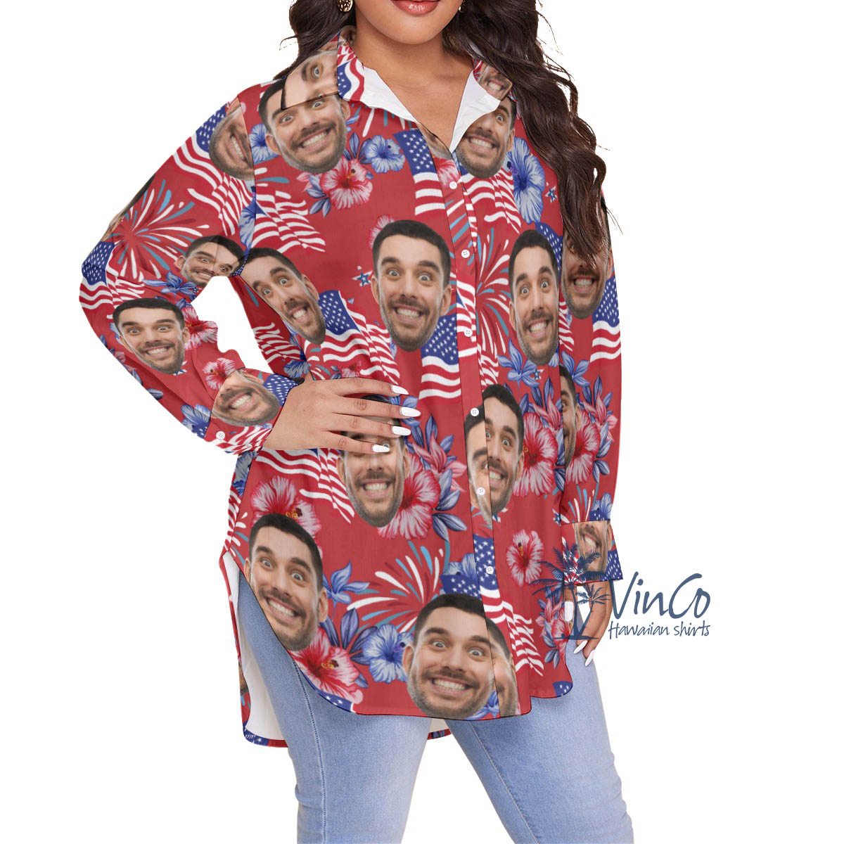 Funny Custom Face Patriotic American Flag Plus Size Hawaiian Shirt For Women