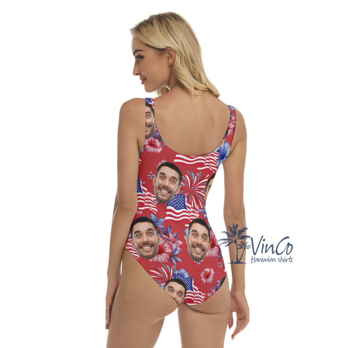 Floral American Flag Firework Hawaiian Swimsuit With Custom Face