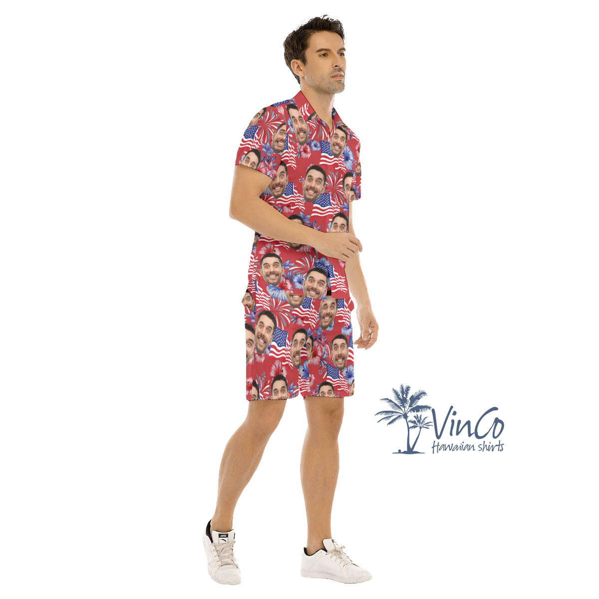 4th Of July Custom Face Red Hawaiian Shirt And Matching Shorts For Men