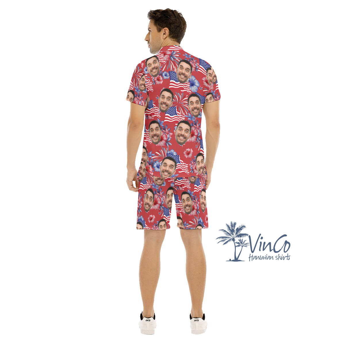 4th Of July Custom Face Red Hawaiian Shirt And Matching Shorts For Men