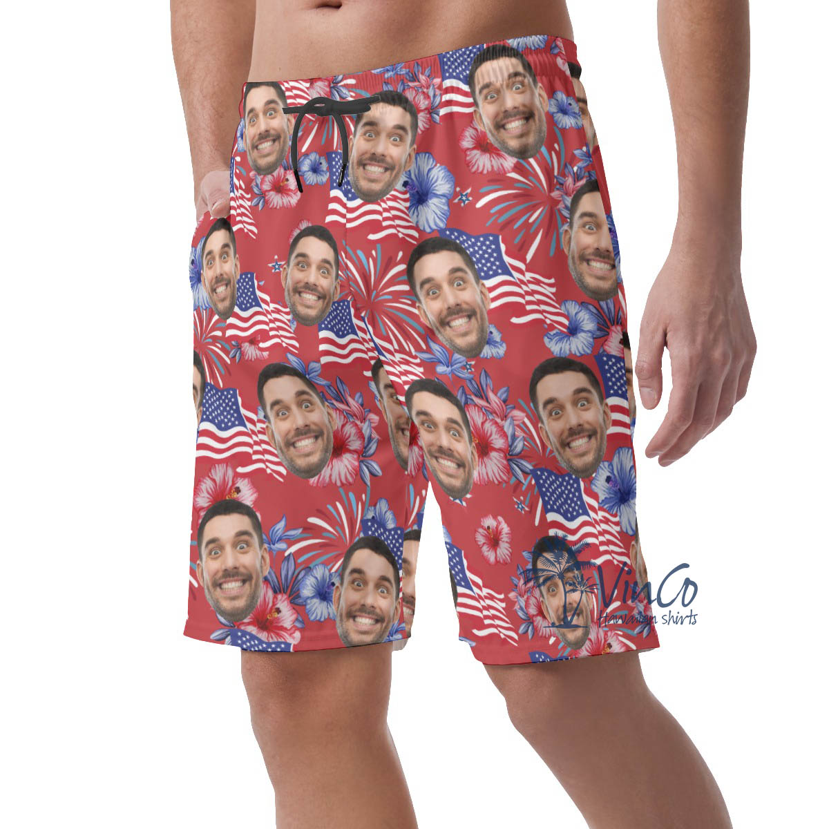 4th Of July Floral Custom Face Hawaiian Beach Shorts For Men