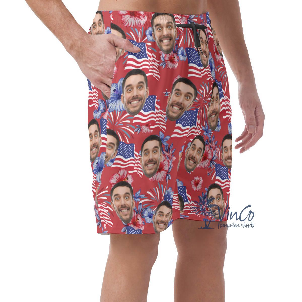 4th Of July Floral Custom Face Hawaiian Beach Shorts For Men