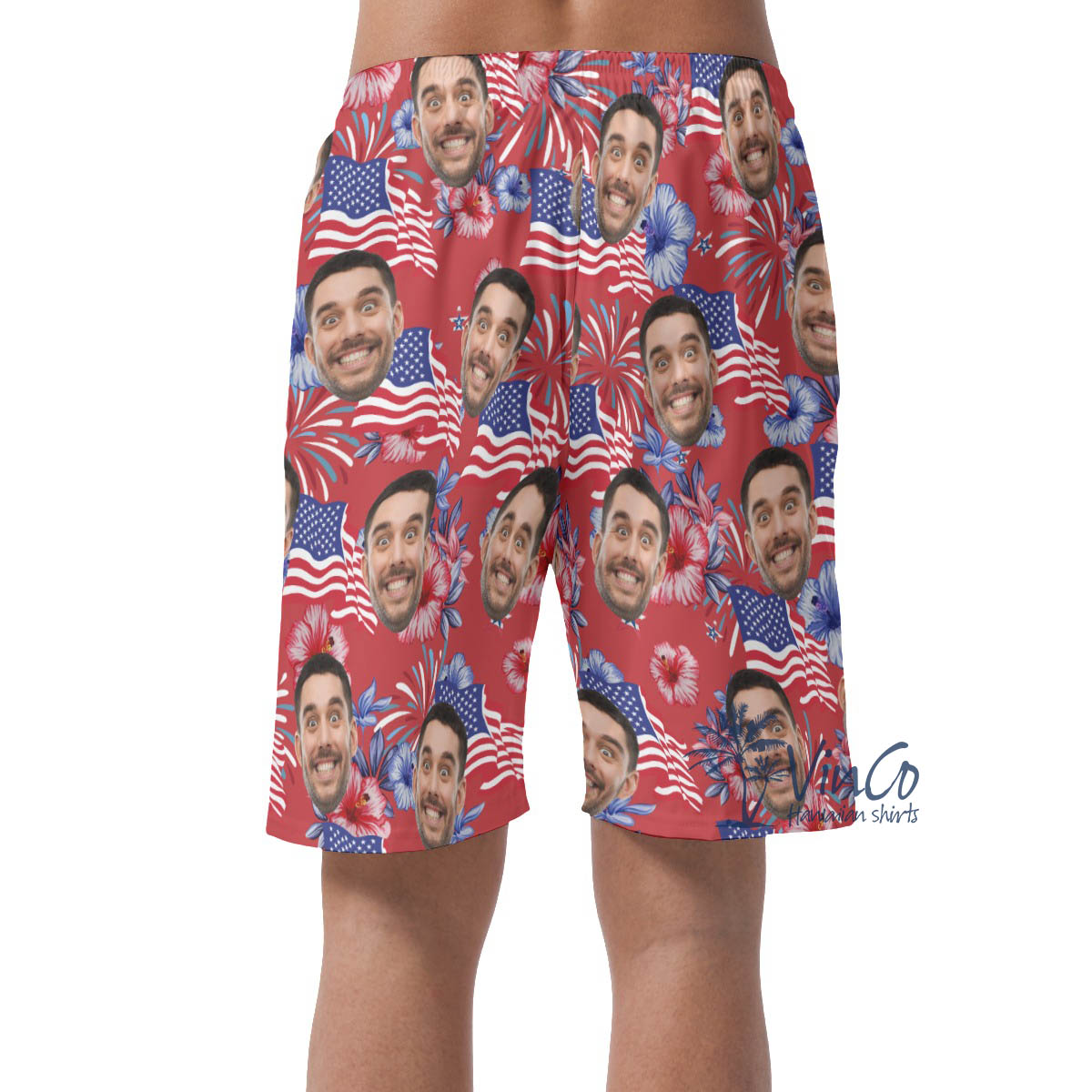 4th Of July Floral Custom Face Hawaiian Beach Shorts For Men