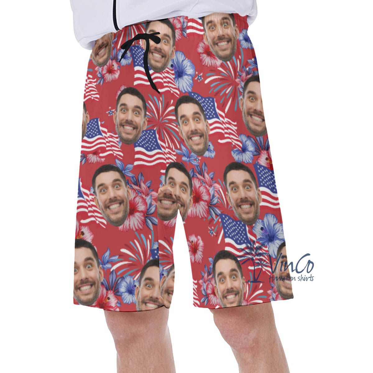 Funny Custom Face American Flag Floral Hawaiian Swim Trunks For Men