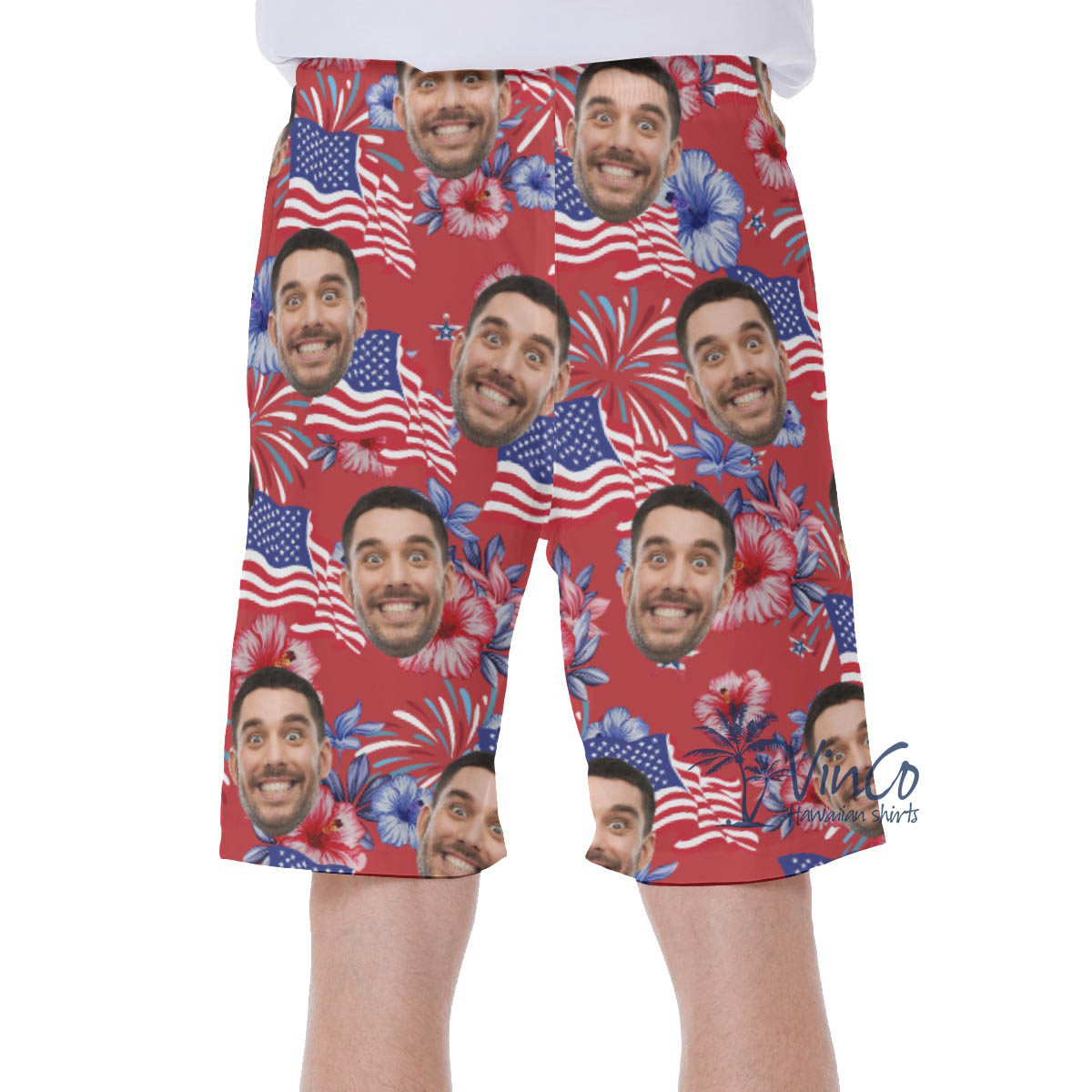 Funny Custom Face American Flag Floral Hawaiian Swim Trunks For Men
