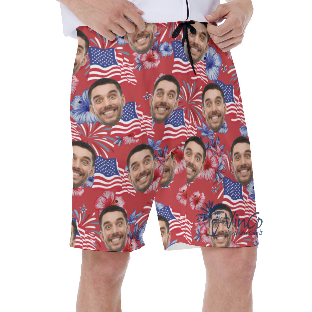 Funny Custom Face American Flag Floral Hawaiian Swim Trunks For Men