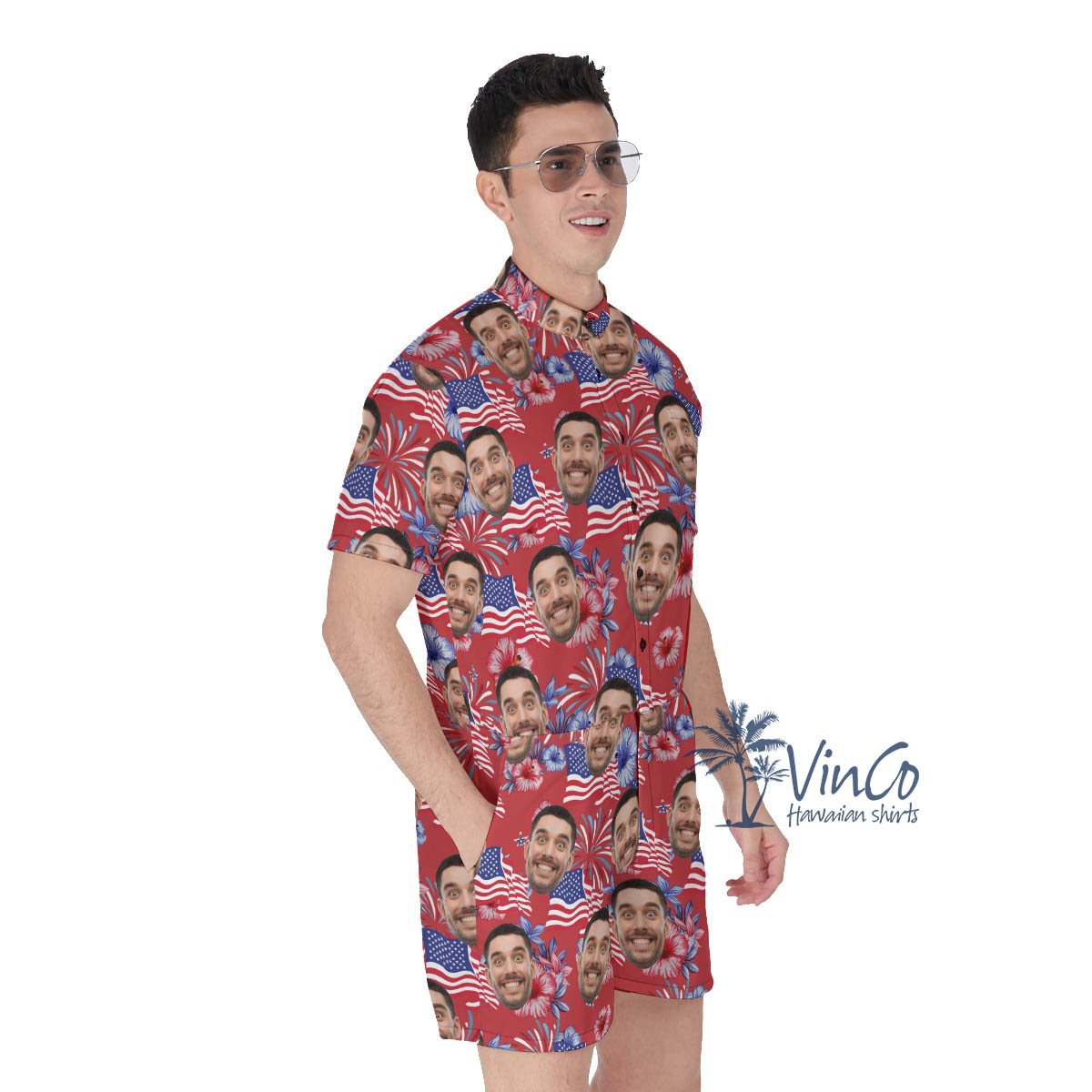 Custom Face Patriotic Hibiscus Hawaiian Romper For Men