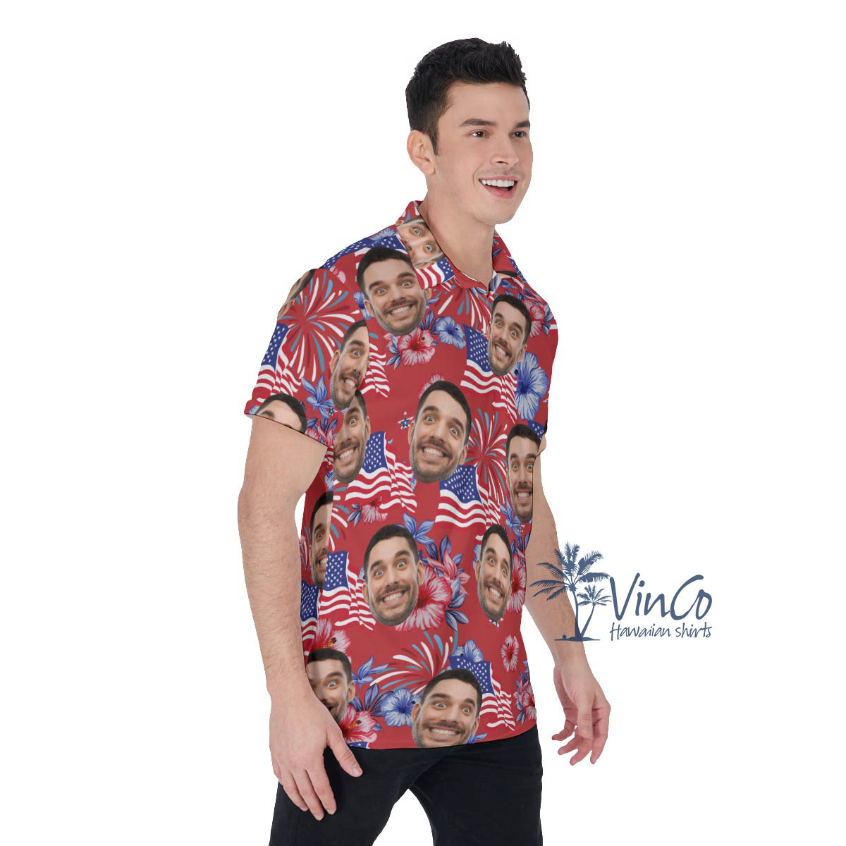 American Flag Firework Custom Face Hawaiian Polo Shirt For Men