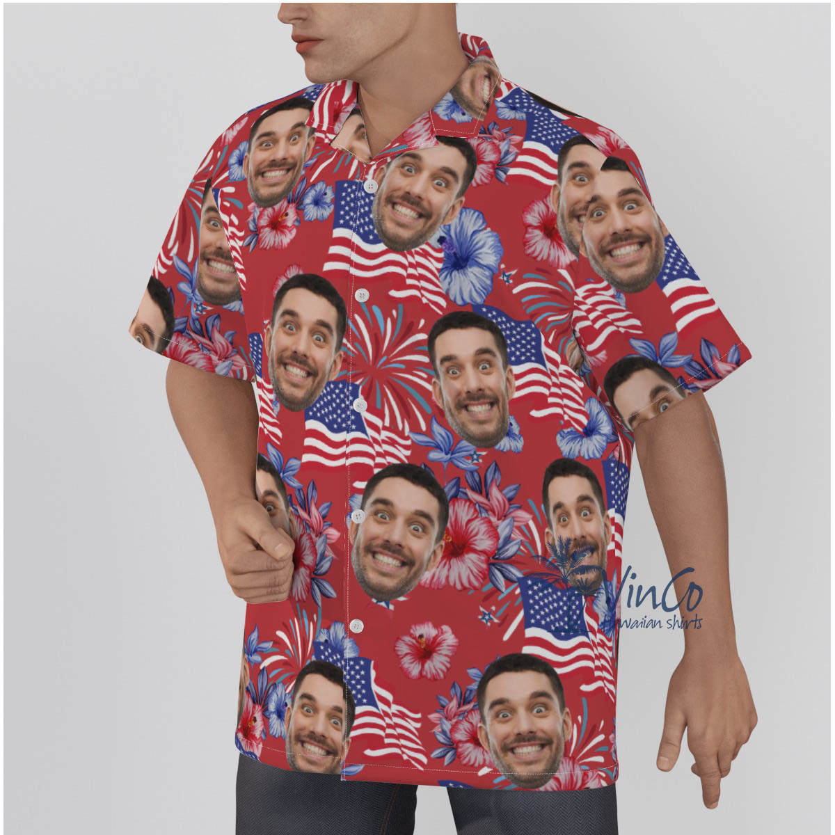 Funny American Flag Custom Face Patriotic Red Hawaiian Shirt