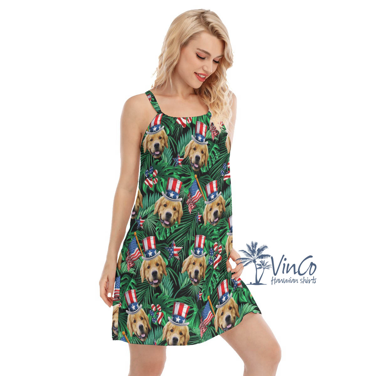Funny Custom Dog Face 4th Of July Hawaiian Dresses For Women