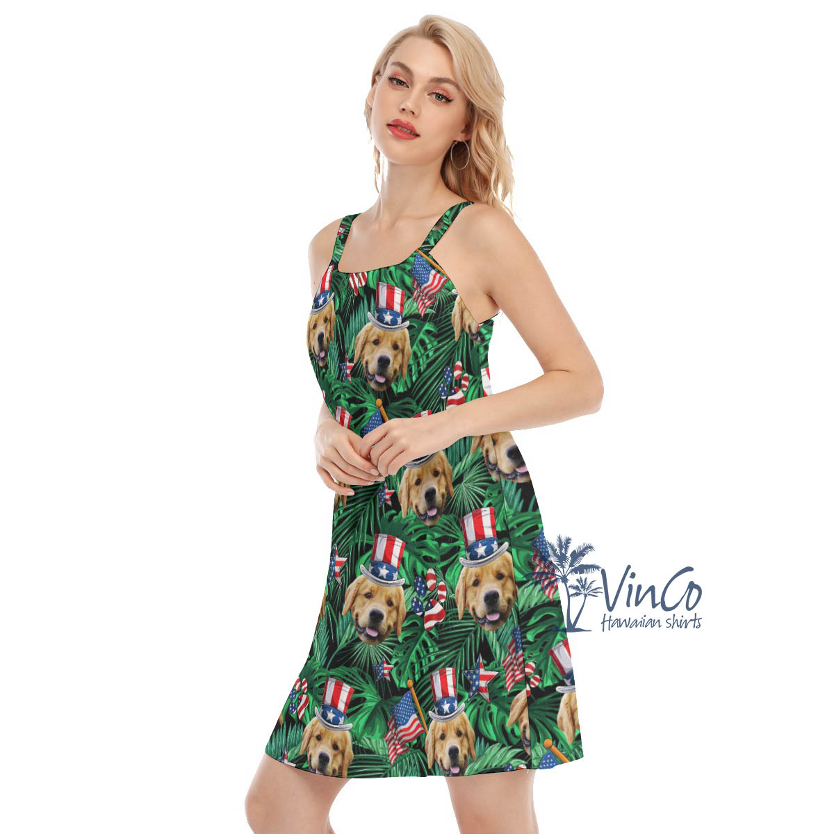 Funny Custom Dog Face 4th Of July Hawaiian Dresses For Women
