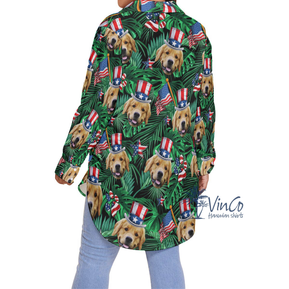 4th Of July Custom Dog Face Hawaiian Plus Size Shirt For Women