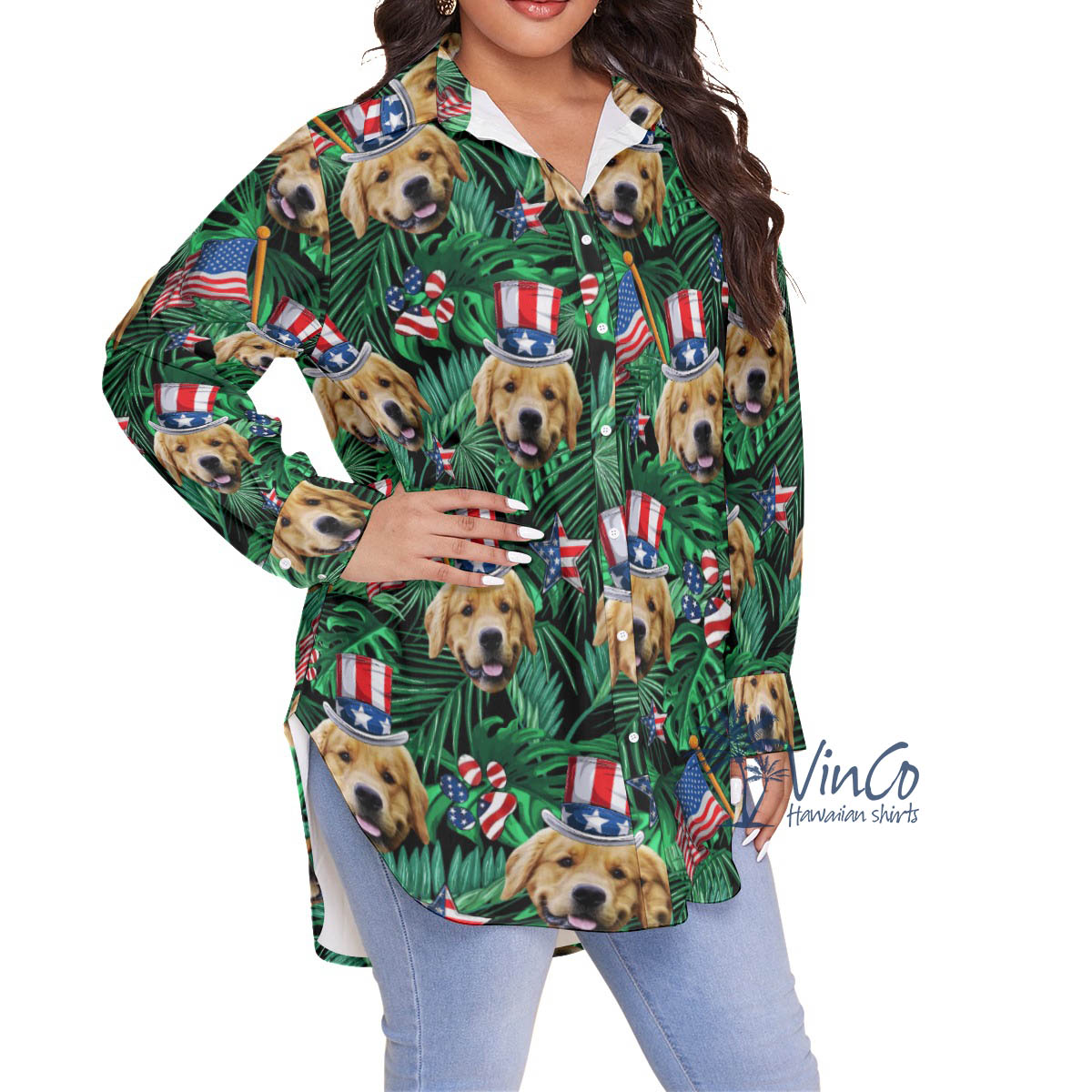 4th Of July Custom Dog Face Hawaiian Plus Size Shirt For Women
