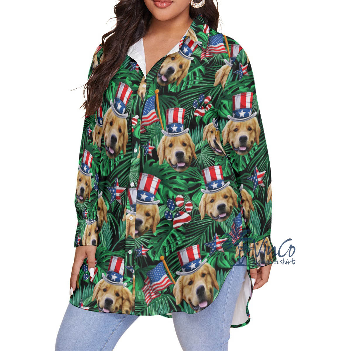 4th Of July Custom Dog Face Hawaiian Plus Size Shirt For Women
