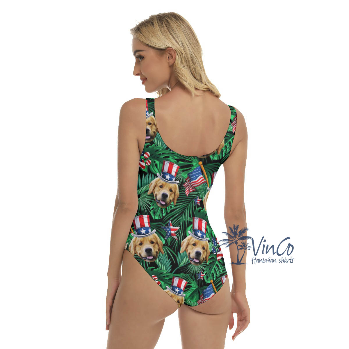 Custom Dog Face 4th Of July Tropical Hawaiian Swimsuit For Women