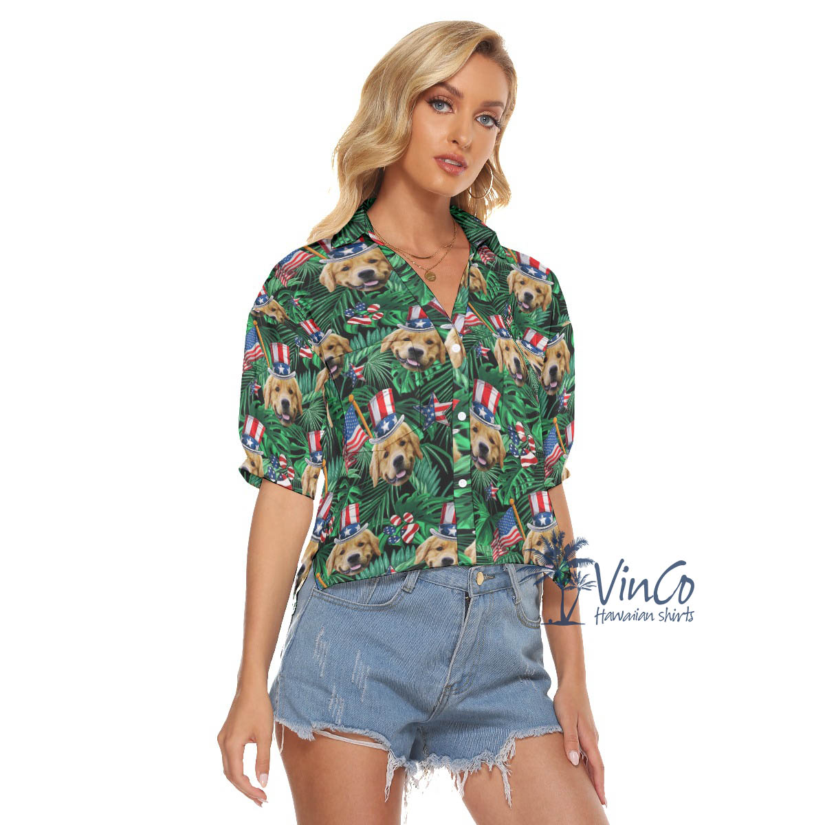 Custom Dog Face Patriotics Tropical Hawaiian Crop Top Shirt For Women