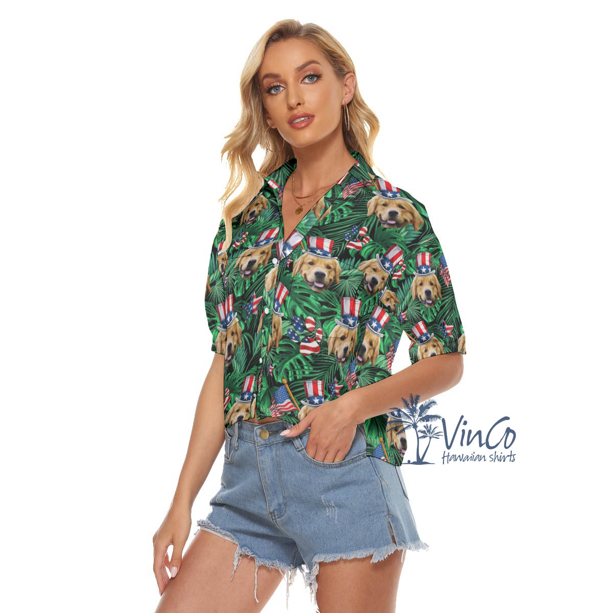 Custom Dog Face Patriotics Tropical Hawaiian Crop Top Shirt For Women