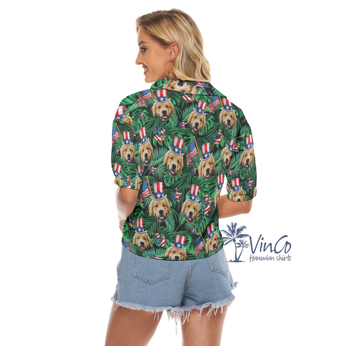 Custom Dog Face Patriotics Tropical Hawaiian Crop Top Shirt For Women