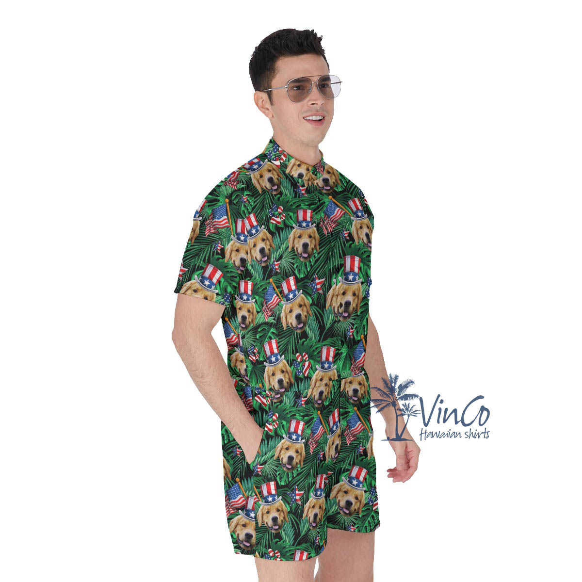 Custom Dog Face 4th Of July Tropical Hawaiian Romper For Men