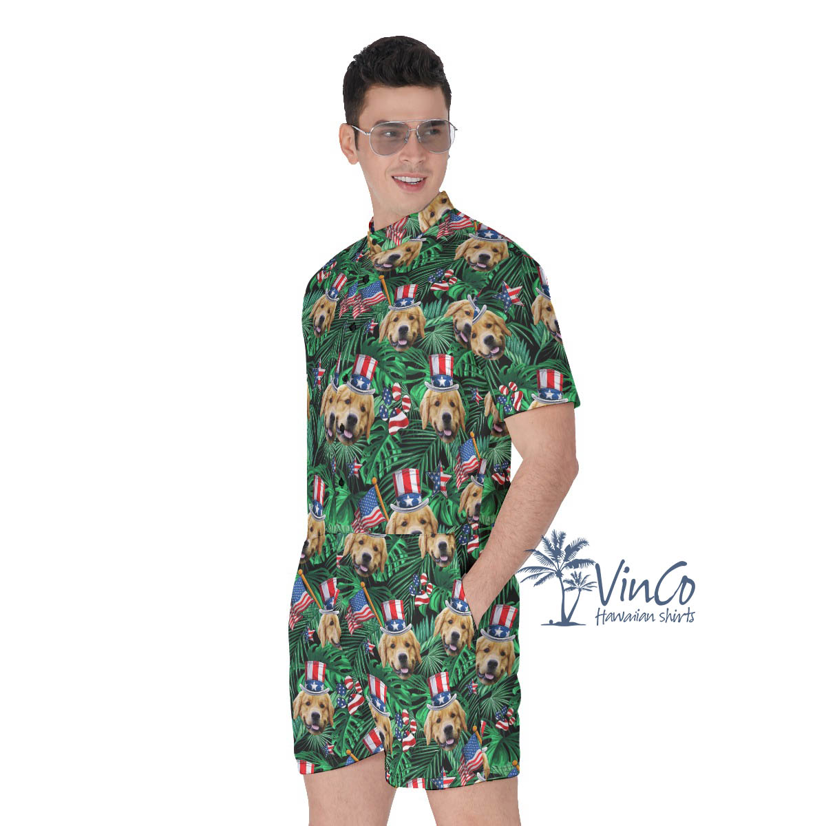 Custom Dog Face 4th Of July Tropical Hawaiian Romper For Men