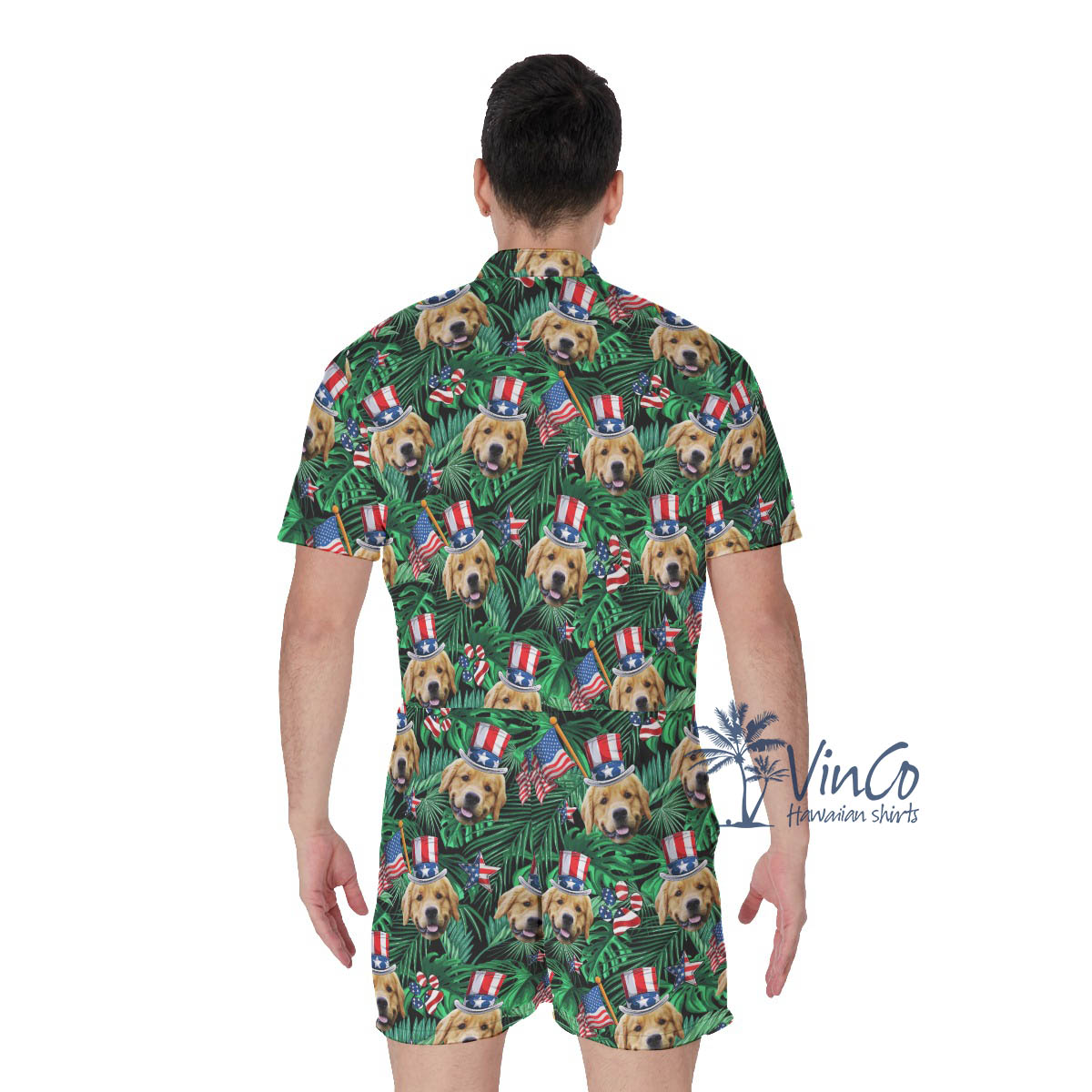 Custom Dog Face 4th Of July Tropical Hawaiian Romper For Men