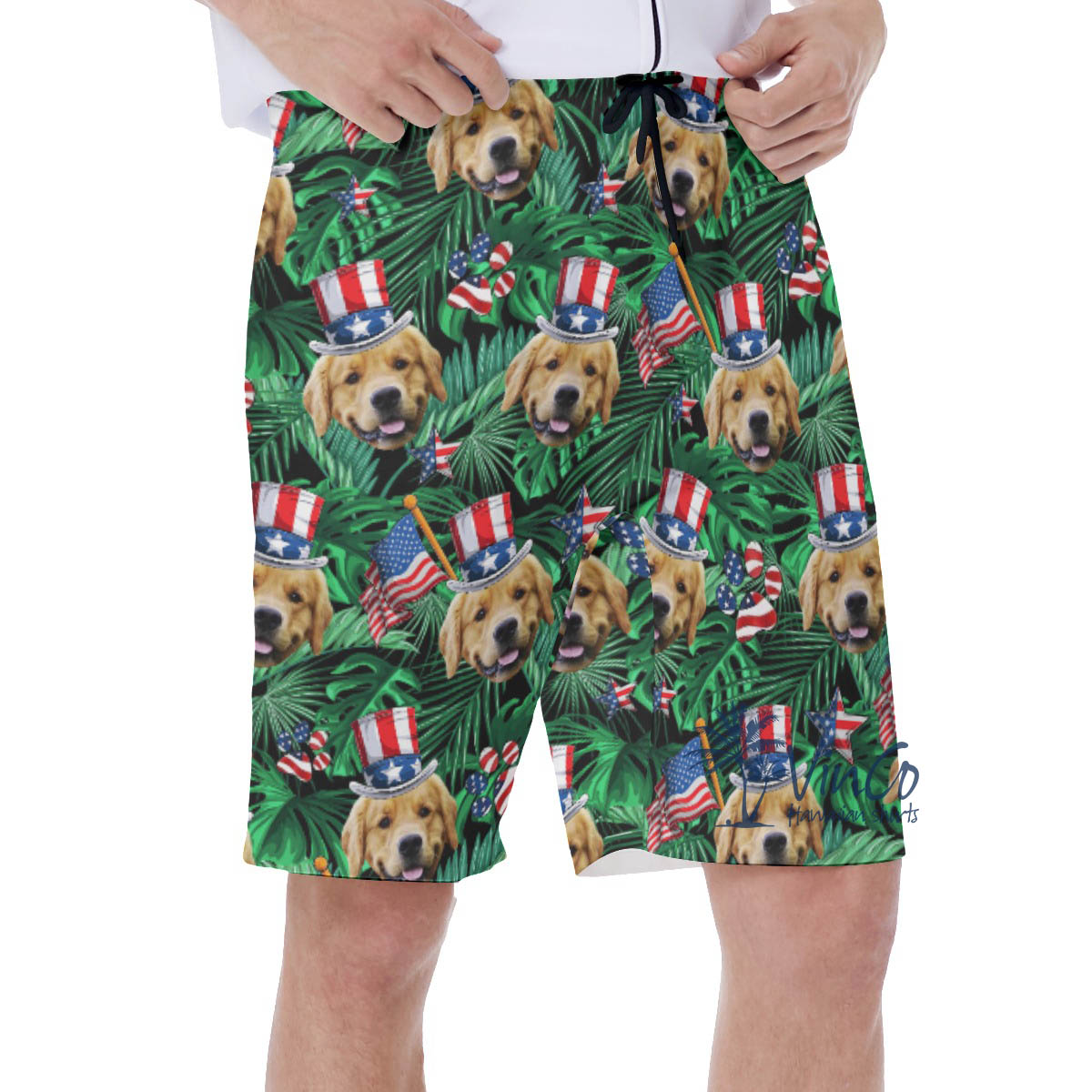 Custom Patriotic Hawaiian Swim Trunks With Dog Face