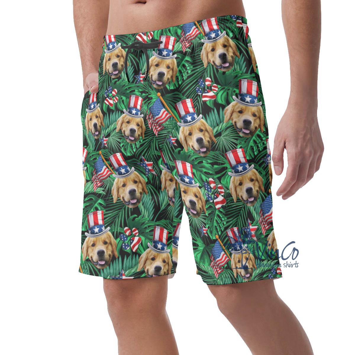 Funny Custom Dog Face Patriotic Hawaiian Beach Shorts For Men