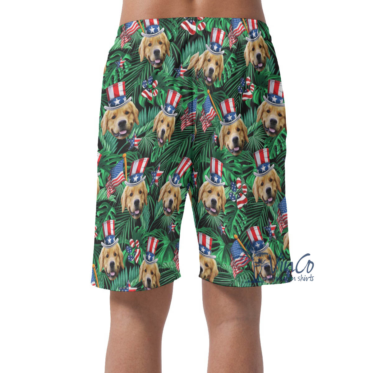 Funny Custom Dog Face Patriotic Hawaiian Beach Shorts For Men