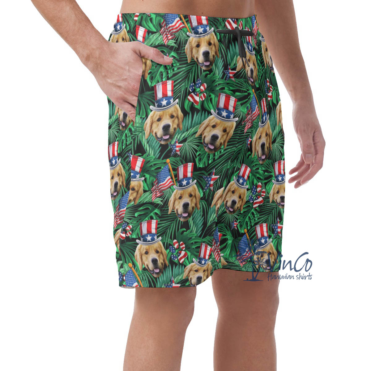 Funny Custom Dog Face Patriotic Hawaiian Beach Shorts For Men