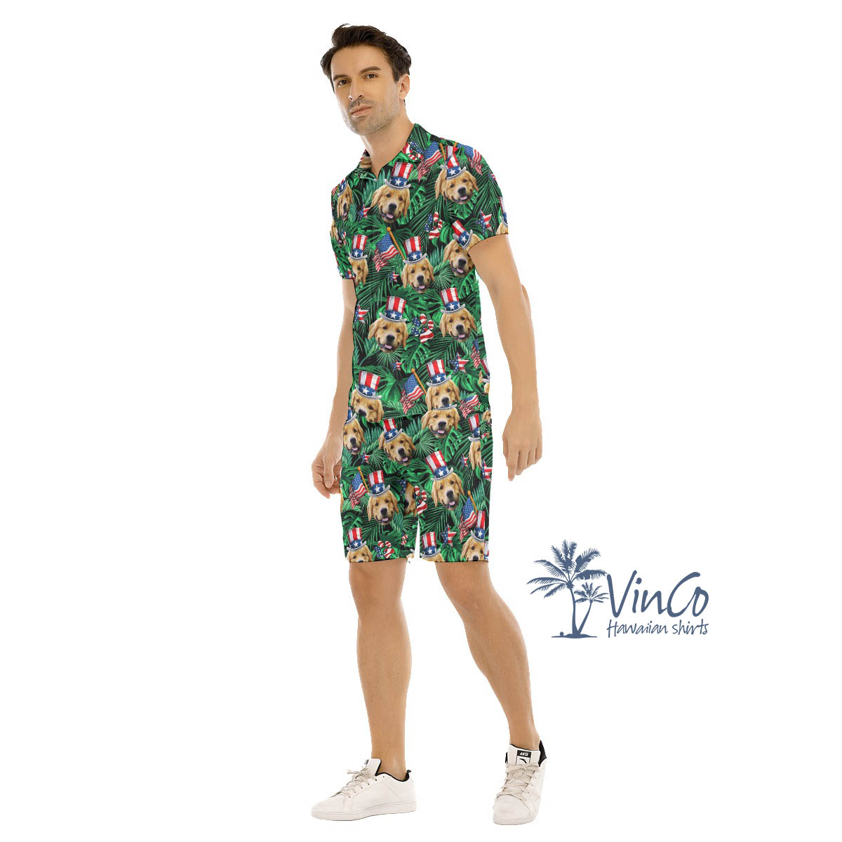 Set Custom Dog Face Patriotic Green Hawaiian Shirt And Matching Shorts For Men