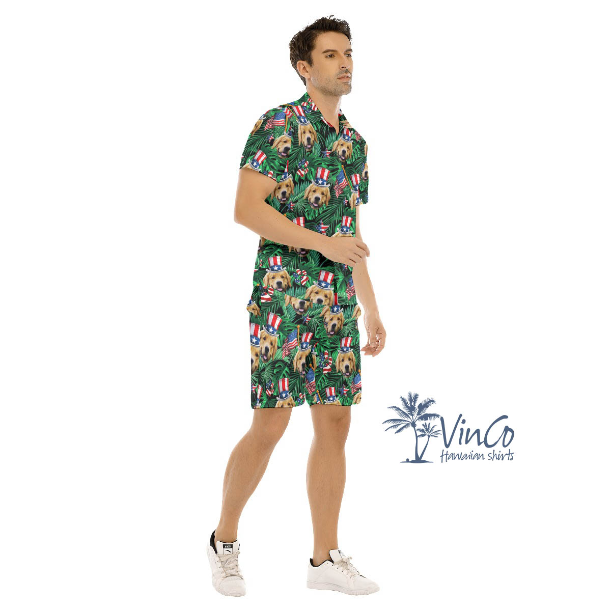 Set Custom Dog Face Patriotic Green Hawaiian Shirt And Matching Shorts For Men