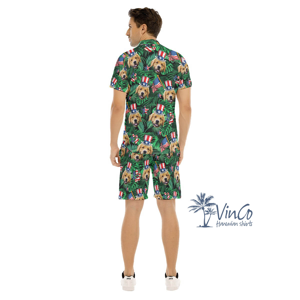 Set Custom Dog Face Patriotic Green Hawaiian Shirt And Matching Shorts For Men