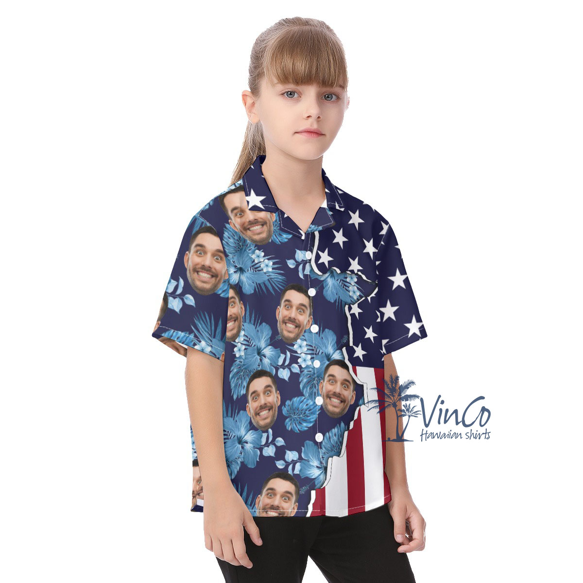 Custom Face American Flag Hawaiian Kid's Shirt