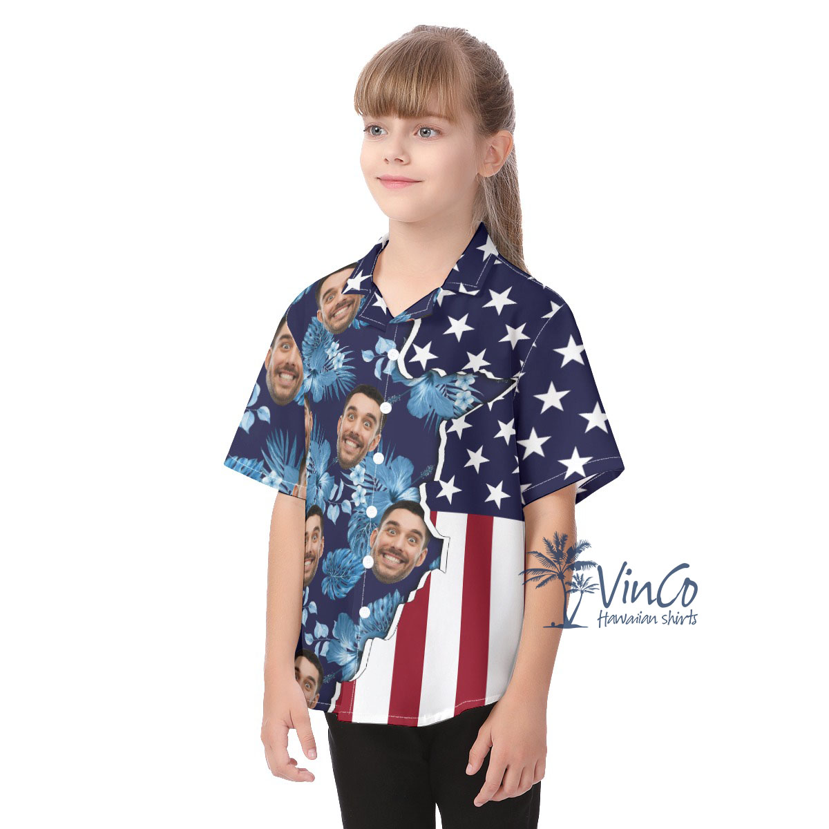 Custom Face American Flag Hawaiian Kid's Shirt