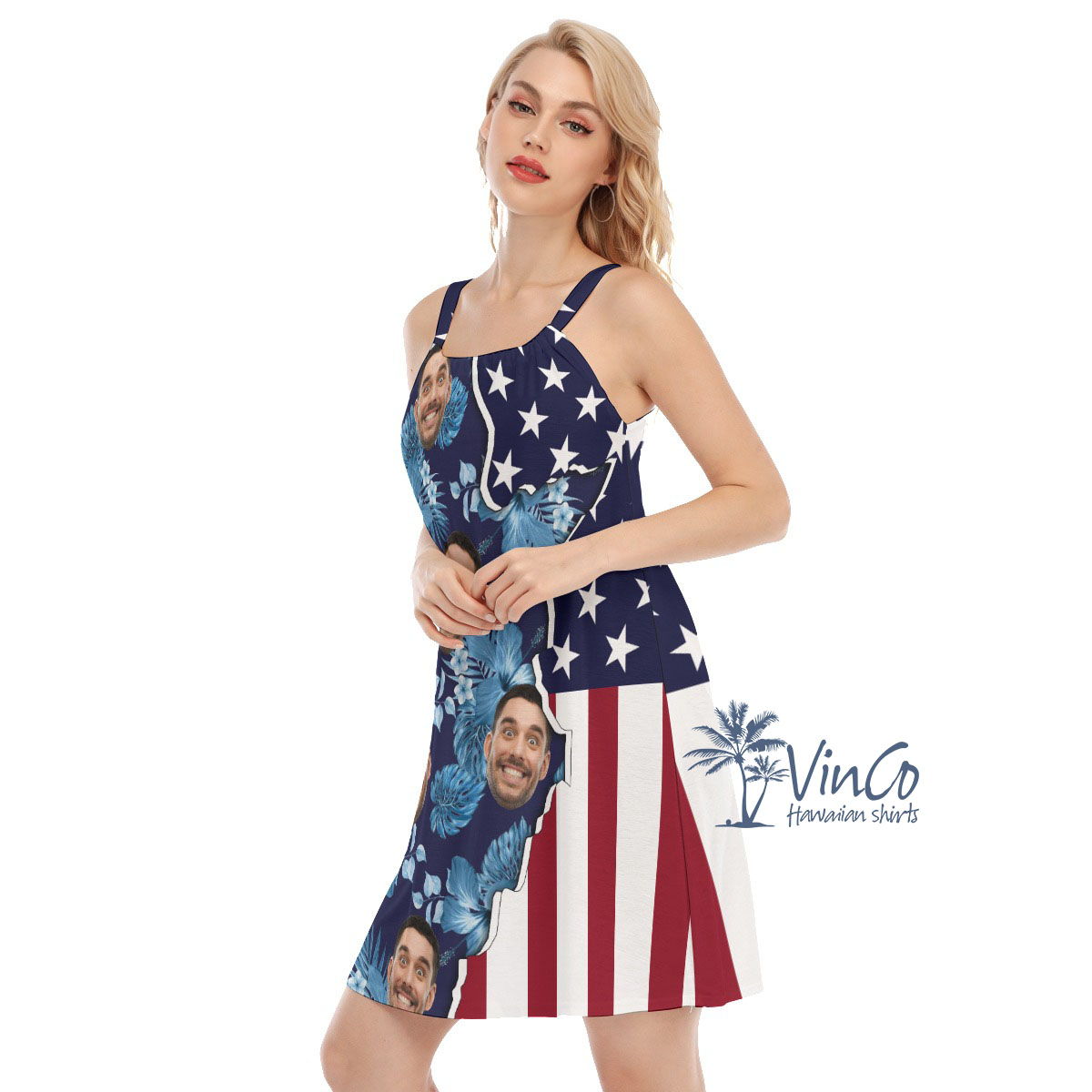 Custom Face American Flag Hibiscus Cami Dress For Women