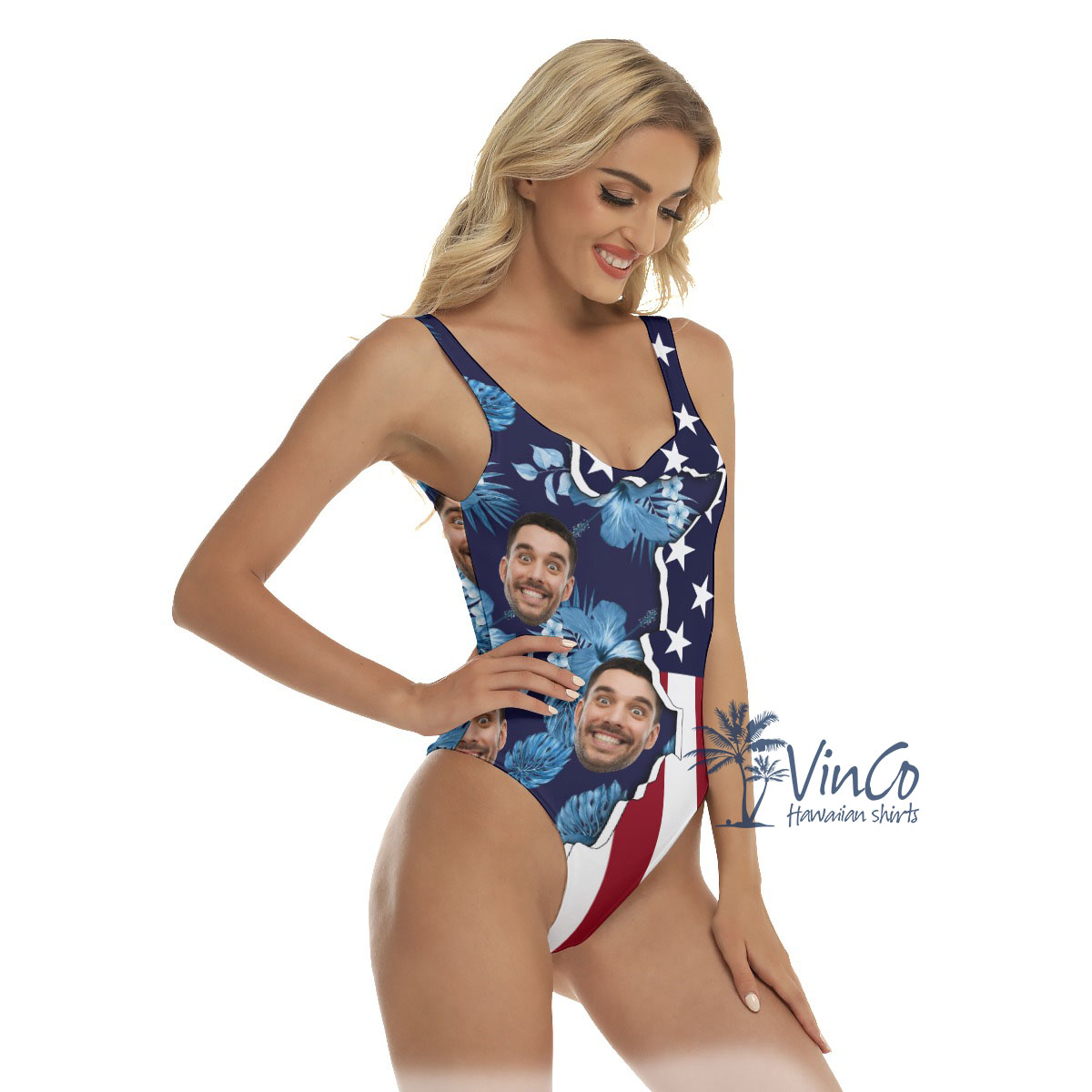 Custom Face American Flag Hibiscus Women's Swimsuit