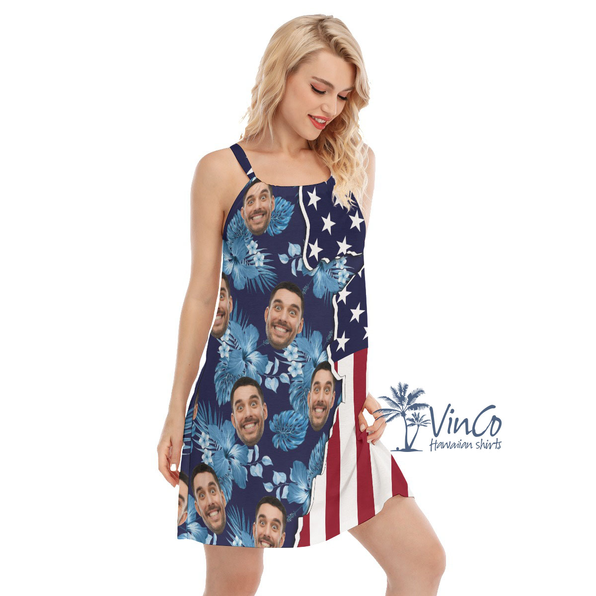 Custom Face American Flag Hibiscus Cami Dress For Women