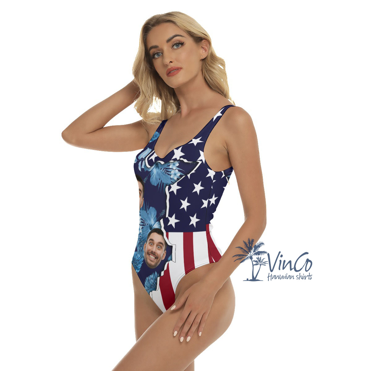 Custom Face American Flag Hibiscus Women's Swimsuit