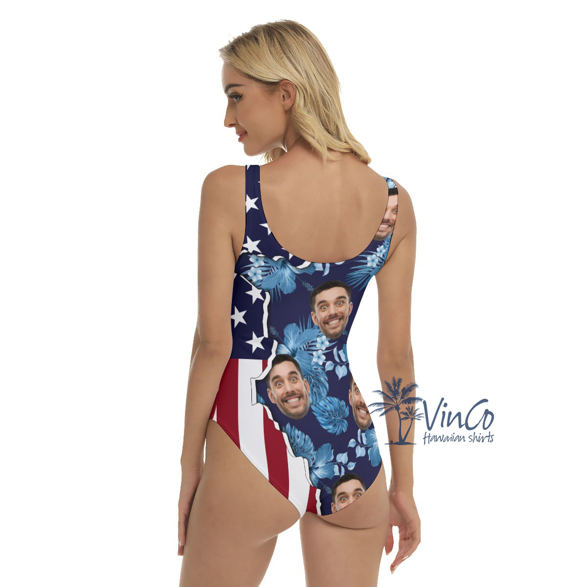 Custom Face American Flag Hibiscus Women's Swimsuit