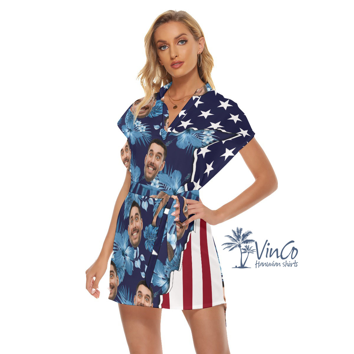 Custom American Flag Hibiscus Hawaiian Dress With Face