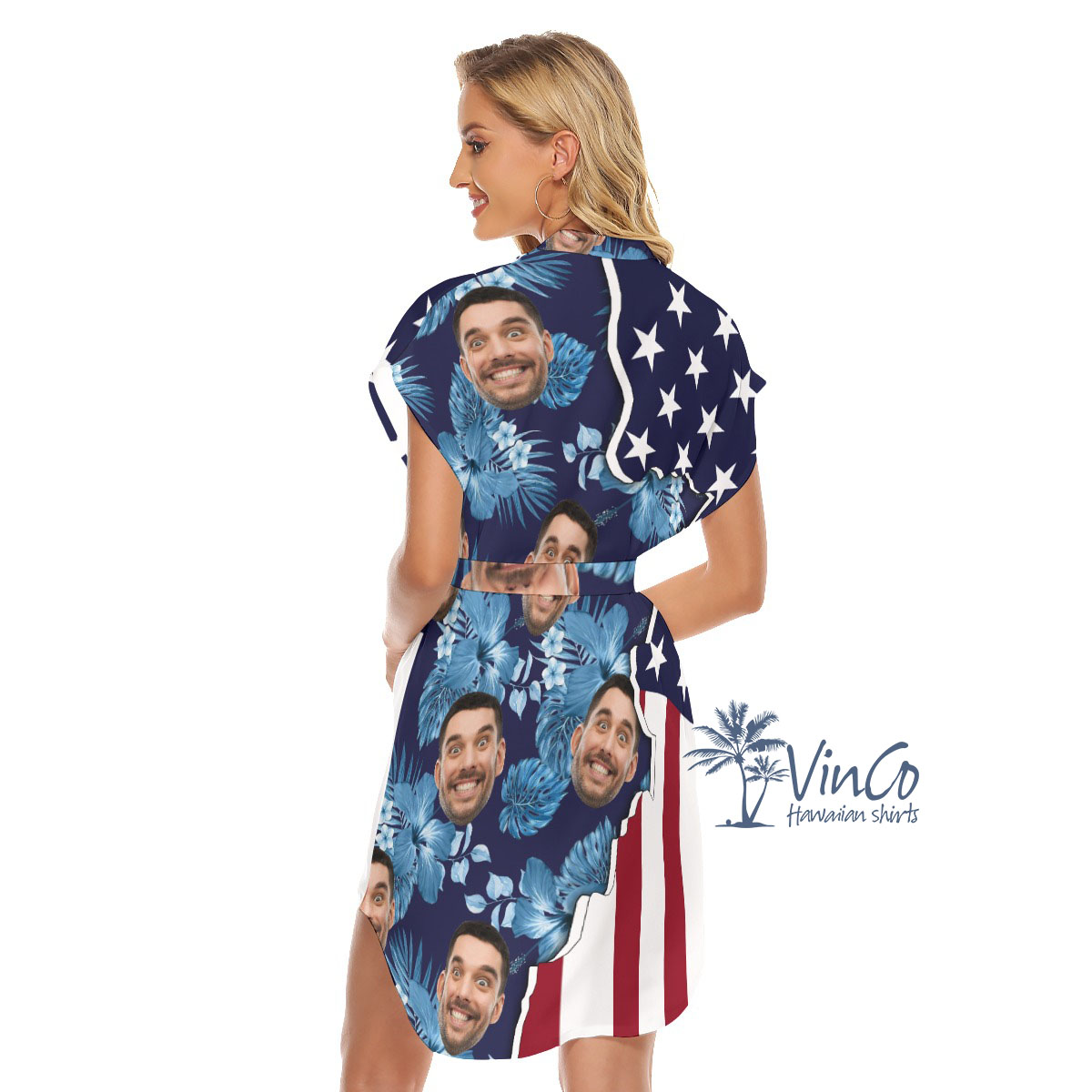 Custom American Flag Hibiscus Hawaiian Dress With Face